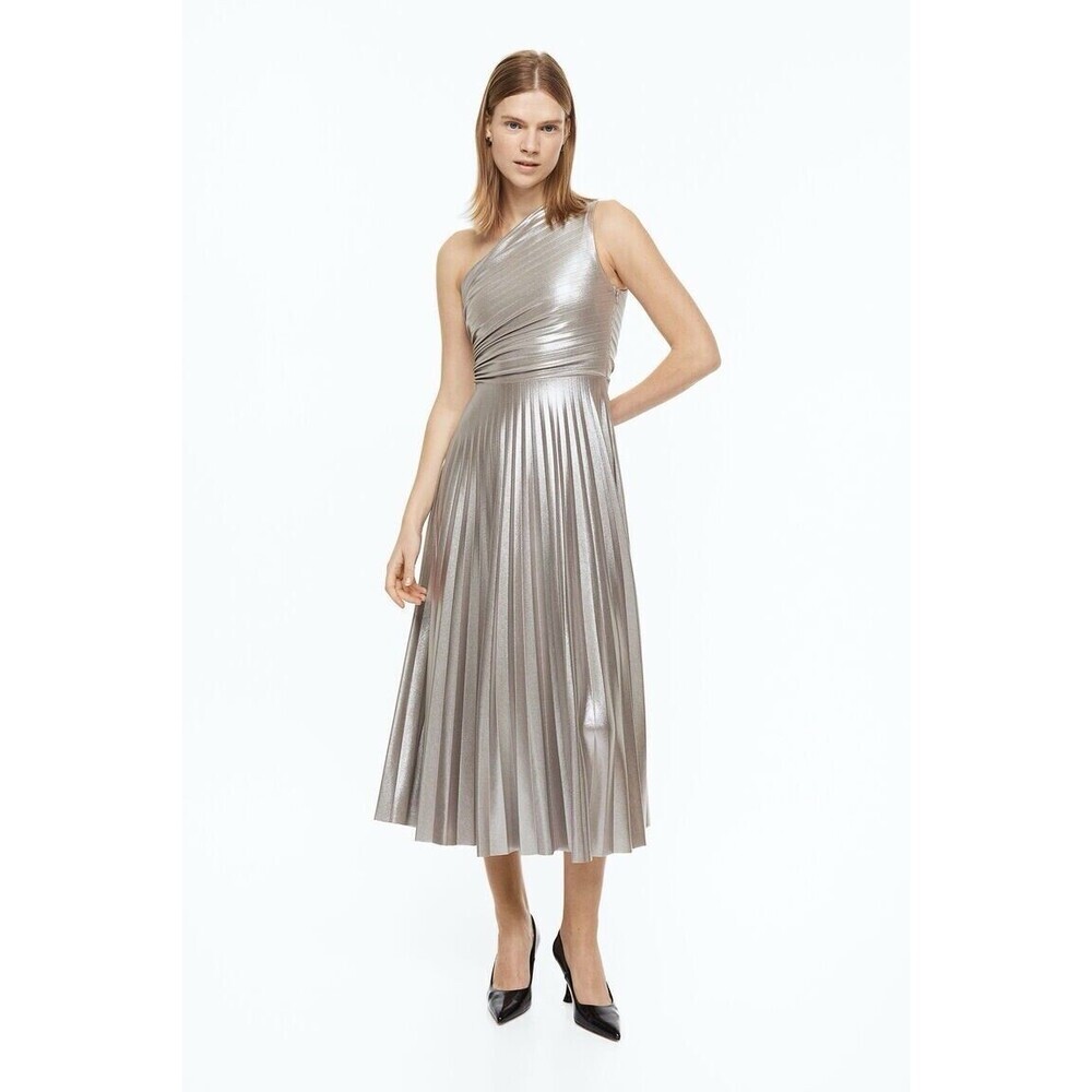 H&M Dress Women Medium M Silver Metallic Shimmering Pleated Midi Festive Sparkle